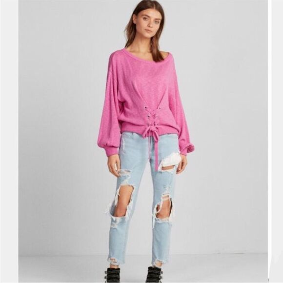 EXPRESS Pink Lace Up Sweater Oversized Pullover Tie Waist Casual Size Large‎ New - Picture 1 of 12